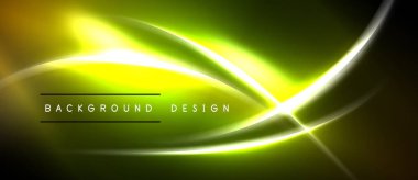 Parlak neon çizgiler soyut eğriler oluşturur. Sarı, yeşil renkler koyu arkaplana hakim. Dijital projeler için modern tasarım ögesi.