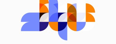 Soyut geometrik şekiller örtüşür ve canlı bir bileşim yaratır. Mavi, turuncu renkler nötr arka plana hakim. Modern tasarım.