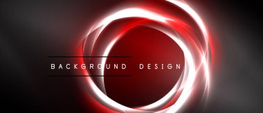 Koyu arkaplanda parlak kırmızı kıvrımlı ışık katmanları var. Merkezi tasarım, metin BACKground DESIGN içerir. Minimalist, modern estetik.