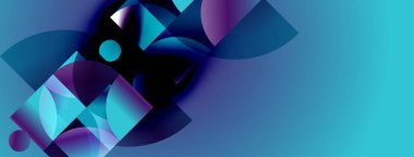 Soyut geometrik şekiller harmanlanarak dinamik görsel efekt yaratır. Maviler kompozisyona hakim. Modern tasarım ögesi.