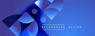 Soyut mavi şekiller üst üste binerek dinamik bileşim oluşturuyor. Renkler derinliği gösteriyor, modern estetiği. Metin arkaplan tasarımı okur.