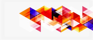 Soyut geometrik şekiller örtüşür, canlı renkli desenler yaratır. Turuncu, mor, kırmızı baskın tasarım. Minimalist stil.