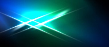 Soyut ışık çizgileri, canlı maviler, yeşiller baskın gelir. Parlak merkezi kesişim, dinamik görsel efekt yaratır. Koyu arkaplan aydınlığı artırır.