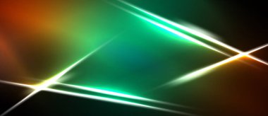 Soyut arka planda canlı yeşil, turuncu renkler var. Parlak beyaz çizgiler kesişiyor, dinamik ışık efektleri yaratıyor. Karanlık sınırlar çerçeve bileşimi.