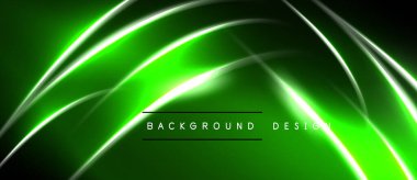 Soyut yeşil arkaplan ışık çizgileri akar. Dinamik eğriler modern görsel efektler yaratır. Koyu alanlar parlak elementlere zıt.