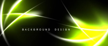 Karanlık arkaplan üzerine soyut neon çizgiler. Parlak yeşil, sarı renkler dinamik görsel efekt yaratır. Modern tasarım ögesi.