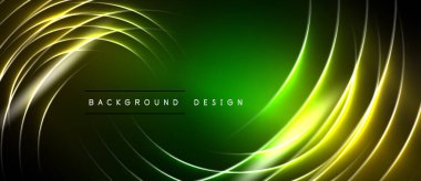 Soyut neon hatları koyu yeşil zemin üzerinde dönüyor. Parlak sarı kıvrımlar dinamik görsel efekt yaratır. Metin arkaplan tasarımı okur.