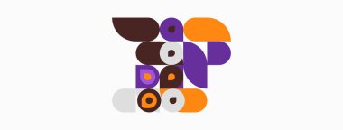 Soyut geometrik şekiller çakışıyor ve eğlenceli bir kompozisyon oluşturuyor. Renkler arasında mor, turuncu, kahverengi, gri, beyaz sayılabilir. Minimalist tasarım.