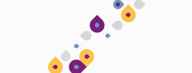 Soyut şekiller, mor, sarı, gri noktalar beyaz arkaplana dağılmış. Minimalist tasarım, basit geometri, modern estetik.