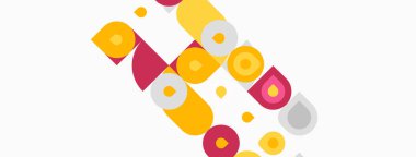 Soyut geometrik şekiller, daireler, kareler, dikdörtgenler. Pembe, sarı renkler beyaz arkaplana hakim. Modern tasarım elemanları.