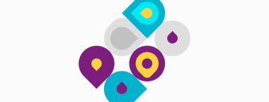 Renkli soyut şekiller oyuncu bir tasarım oluşturur. Çemberler, kareler, noktalar beyaz arka planda dinamik kompozisyon oluşturur. Modern, canlı estetik..