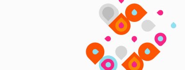 Soyut şekiller, daireler, kareler, noktalar. Turuncu, gri, mavi renkler neşeli kompozisyon oluşturur. Minimalist tasarım, temiz estetik.