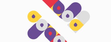 Soyut geometrik şekiller örtüşür, canlı renk blokları oluşturur. Tasarım yuvarlak dikdörtgenler, daireler, çapraz çizgiler. Minimalist estetik.