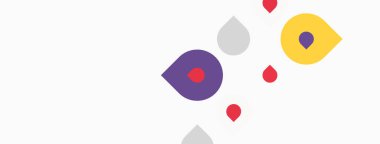 Beyaz arkaplana dağılmış soyut renkli şekiller. Noktalar, daireler, mor, kırmızı, gri, sarı renkler mevcut. Minimalist tasarım.