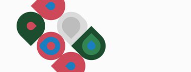 Soyut renkli şekiller çakışıyor. Daireler, kavisler, dikdörtgenler dinamik bileşim oluşturur. Minimalist tasarım, parlak renkler sunar neşeli estetik.