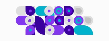 Soyut geometrik şekiller, daireler, kareler, dikdörtgenler. Mor, deniz mavisi, beyaz renkler modern tasarım yaratır. Minimalist kompozisyon.