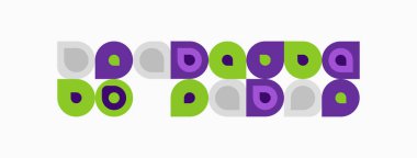 Çemberleri kullanarak soyut desen, mor, yeşil, gri renkler. Tekrarlayan elementlerle basit tasarım. Modern estetik.