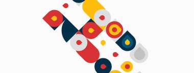 Soyut geometrik şekiller, daireler, kareler, dikdörtgenler. Kırmızı, sarı, lacivert, soluk mavi renkler kompozisyona hakim. Minimalist tasarım.