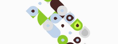 Soyut geometrik şekiller çakışıyor ve eğlenceli bir kompozisyon oluşturuyor. Renkler arasında yeşil, kahverengi, mavi, açık renk gölgeler var. Minimalist tasarım.