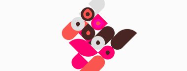 Soyut geometrik şekiller, pembeler, kahverengiler, beyazlar. Üst üste binen formlar dinamik bileşim oluşturur. Minimalist tasarım, modern estetik.