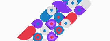 Soyut renkli şekiller örtüşür, dinamik bileşim oluşturur. Daireler, yarı daireler, canlı renkler tasarımda baskın. Modern, eğlenceli estetik..