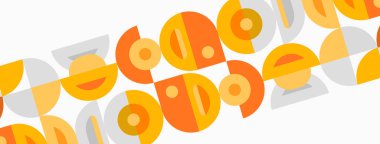 Soyut geometrik desen. Turuncu, sarı şekiller soluk arkaplanda tekrar ediyor. Modern tasarım retro estetiği çağrıştırıyor.