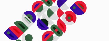 Soyut geometrik şekiller çakışıyor, renkli desenler yaratıyor. Kırmızı, mor, yeşil baskın tasarım. Minimalist estetik.