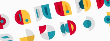 Soyut geometrik şekiller, renkli segmentler, üst üste binen formlar modern desenler oluşturur. Minimalist tasarım, düz çizim biçimi.