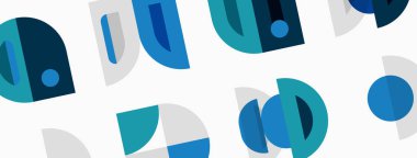 Soyut şekiller örtüşür, dinamik görsel desen oluşturur. Blues, griler kompozisyona hakim. Minimalist tasarım modern estetiği çağrıştırıyor.