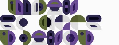 Soyut geometrik şekiller, mor, yeşil, gri. Minimalist tasarım, düz çizim, modern estetik. Basit kompozisyon, oyuncu biçimler.