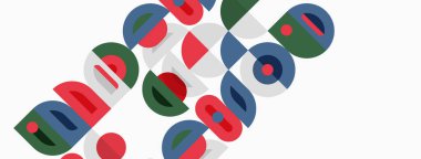 Soyut geometrik desen. Renkli şekiller beyaz arkaplanda çapraz olarak tekrarlanıyor. Çemberler, yarım daireler, çizgiler dinamik görsel doku oluşturur.