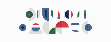 Soyut şekiller, daireler, çizgiler minimalist kompozisyon oluşturur. Renkler arasında mavi, kırmızı, gri, yeşil var. Basit tasarım, modern estetik..