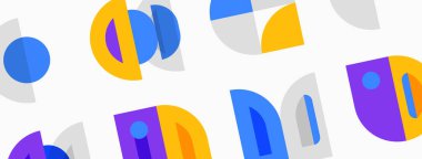 Soyut geometrik şekiller çakışıyor, renkli desenler yaratıyor. Mavi, mor, sarı renkler tasarımda baskın. Minimalist estetik.