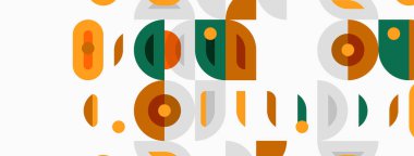 Soyut geometrik desen. Çemberler, kareler, dikdörtgenler retro estetik yaratarak örtüşüyor. Sıcak renkler tasarıma hakim.