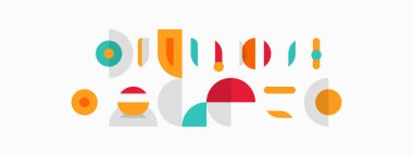 Soyut geometrik şekiller, renkli kompozisyon. Minimalist tasarım, modern estetik, oyuncu biçimler, düz çizimler..