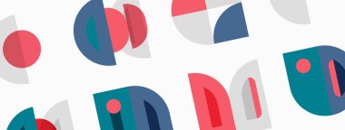 Soyut geometrik şekiller tekrar eder. Pembe, deniz mavisi, gri renkler dizaynda baskın. Minimalist desen modern estetik yaratır.