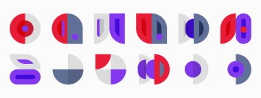 Soyut geometrik şekiller, daireler, eğriler, mor, kırmızı, gri. Minimalist tasarım, kalıplar, kompozisyon, görsel elementler.