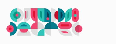 Soyut geometrik şekiller, deniz mavisi, pembe, kestane rengi. Minimalist tasarım, neşeli kompozisyon, modern estetik. Basit biçimler görsel ritim oluşturur.