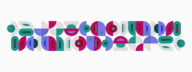 Soyut geometrik desen. Çemberler, kareler, dikdörtgenler renkli tekrarlayan dizaynı oluşturur. Minimalist biçim, düz vektör illüstrasyonu.