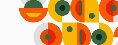 Retro desen, üst üste binen daireler, yarı daireler. Turuncu, yeşil, gri renkler orta yüzyıl modern estetiğini yaratır. Basit şekiller tekrarlanır.