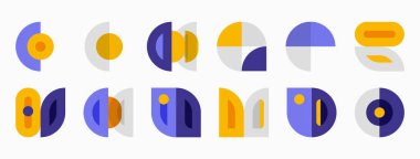 Geometrik şekiller, daireler, yarı daireler, dikdörtgenler soyut desenleri birleştirir. Mor, sarı, turuncu renkler kompozisyona hakim. Minimalist tasarım.