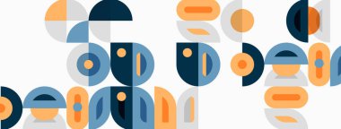 Soyut geometrik şekiller çakışıyor ve modern desenler yaratıyor. Renkler arasında mavi, turuncu, gri, beyaz var. Minimalist tasarım eğlenceli hissettiriyor..