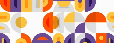 Geometrik desen üst üste binen daireler, yarı daireler. Turuncu, mor, gri renkler retro estetik yaratır. Basit şekiller sorunsuzca tekrarlanır.