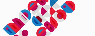 Soyut geometrik desen. Daireler, kareler, dikdörtgenler, renkli tasarım oluşturarak örtüşüyor. Modern estetik, basit şekiller kompozisyona hakim..