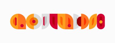 Soyut şekiller biçimlendirilmiş harfler oluşturur. Sıcak renkler tasarıma hükmediyor, retro estetik yaratıyor. Minimalist kompozisyon, basit geometri.