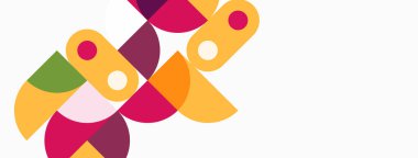 Soyut renkli şekiller örtüşür, dinamik bileşim yaratır. Pembe, turuncu, yeşil renkler beyaz arkaplana hakim. Modern tasarım.