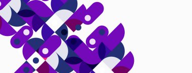 Soyut geometrik şekiller, mor renkler, beyaz arkaplan. Modern tasarım, üst üste binen formlar dinamik kompozisyon yaratır. Minimalist estetik.