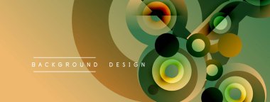 Soyut tasarım katmanlı daireler, kıvrımlar içerir. Renkler altın, yeşil, kahverengi. Modern estetik, uygun arkaplan ögesi.
