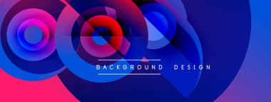 Soyut renkli tasarım. Üst üste binen daireler dinamik görsel efekt yaratır. Pembe, mavi renkler kompozisyona hakim. Metin arkaplan tasarımı okur.