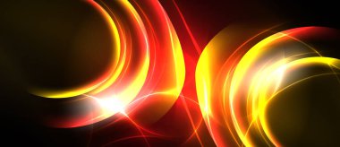 Parlak soyut tasarım kıvrımlı çizgiler, canlı renkler, yoğun bir parlaklık içerir. Kırmızı, sarı renkler koyu arkaplana hakim. Dinamik enerji yayıyor.